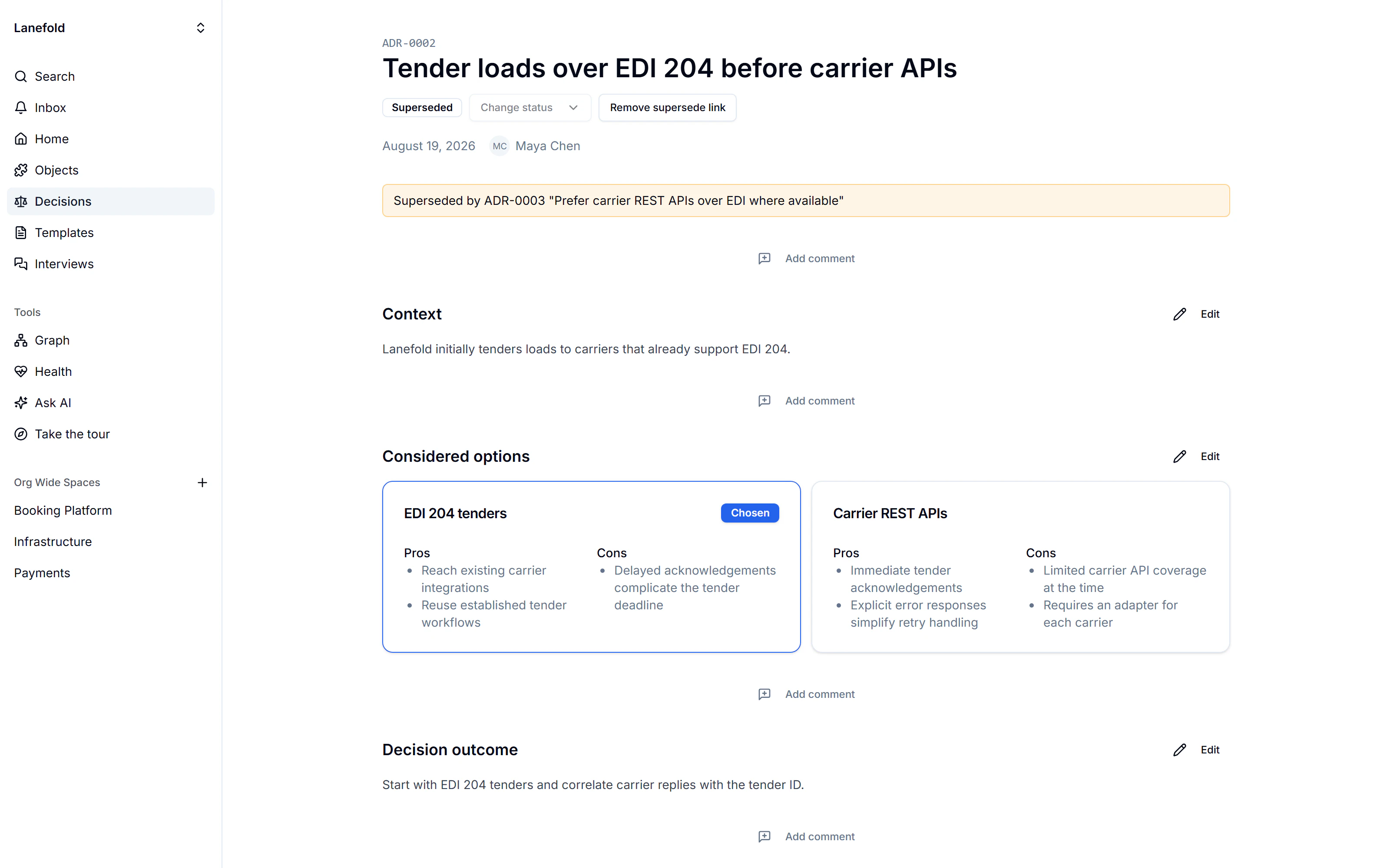 Superseded Tender loads over EDI 204 before carrier APIs decision, with a link to its replacement, considered EDI and REST options, and the decision outcome.