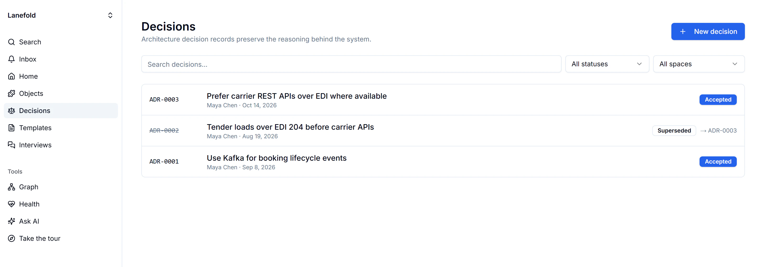 Architecture decisions list with accepted carrier REST API and Kafka decisions and a superseded EDI 204 tender decision.