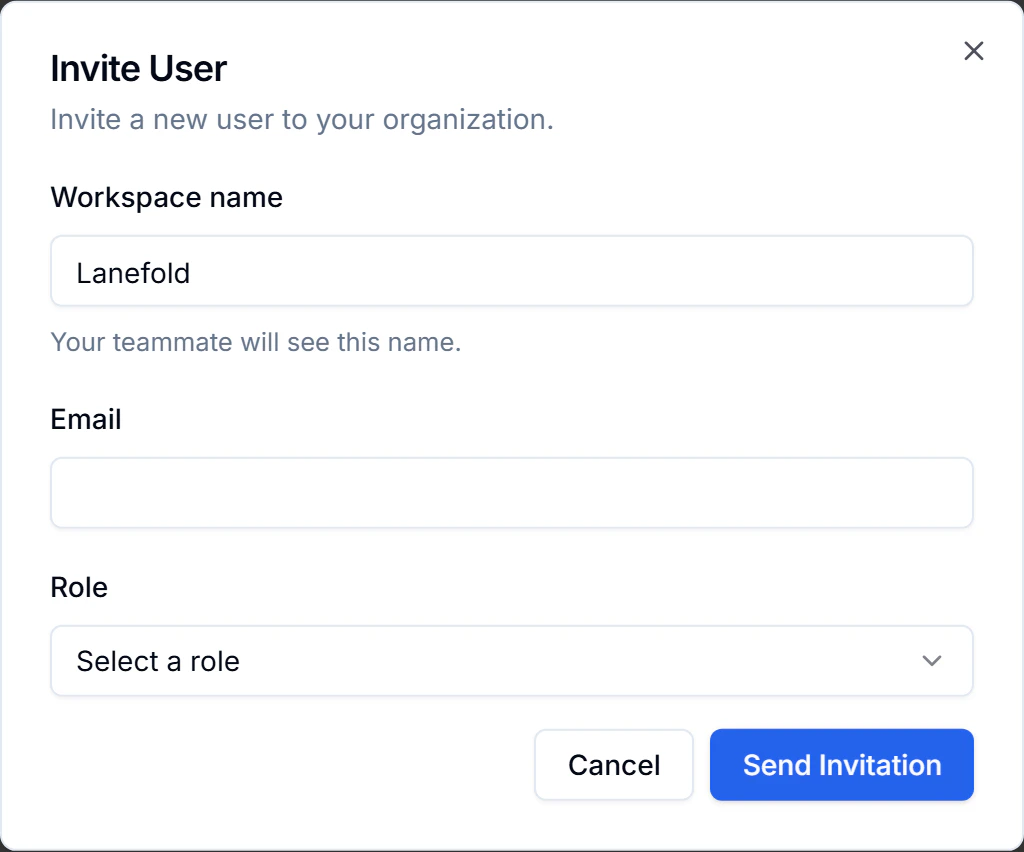 Invite User dialog with workspace name, email and role fields and a Send Invitation button.