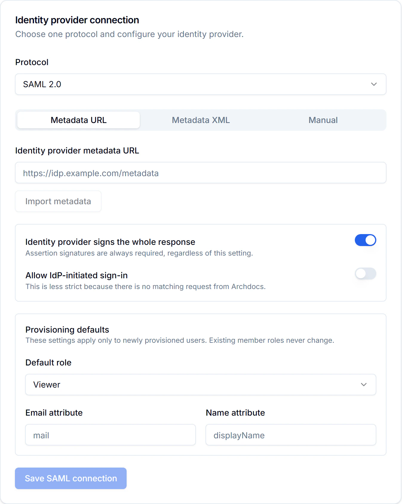 Unconfigured identity provider connection form with protocol, metadata and attribute settings.