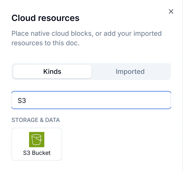 Cloud resources panel with the Kinds tab selected and an S3 Bucket result.