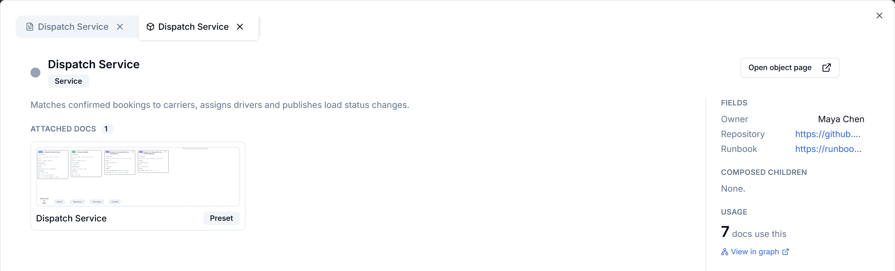 Reference viewer with Dispatch Service object and document tabs, attached documents and object fields.