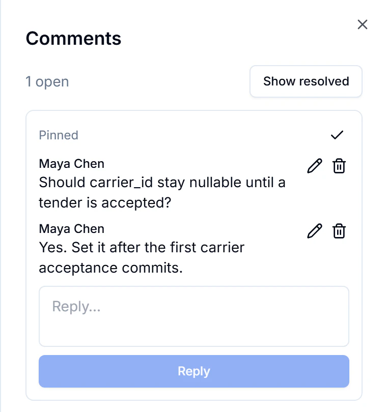 Pinned comment thread from Maya Chen about when to set carrier_id, with a reply and a reply box.