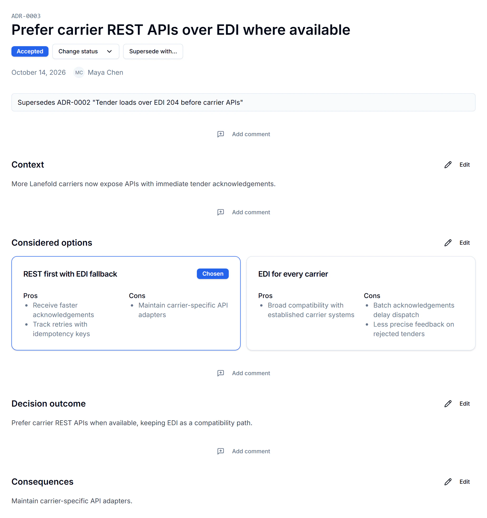 Accepted carrier REST API decision with context, chosen and alternative options, trade-offs and the decision outcome.