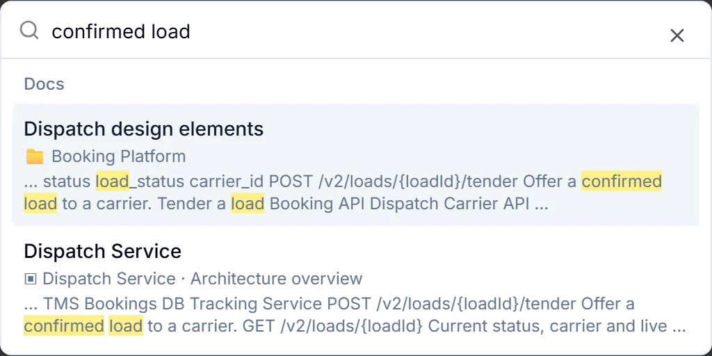 Search results for confirmed load with matching diagram text highlighted.