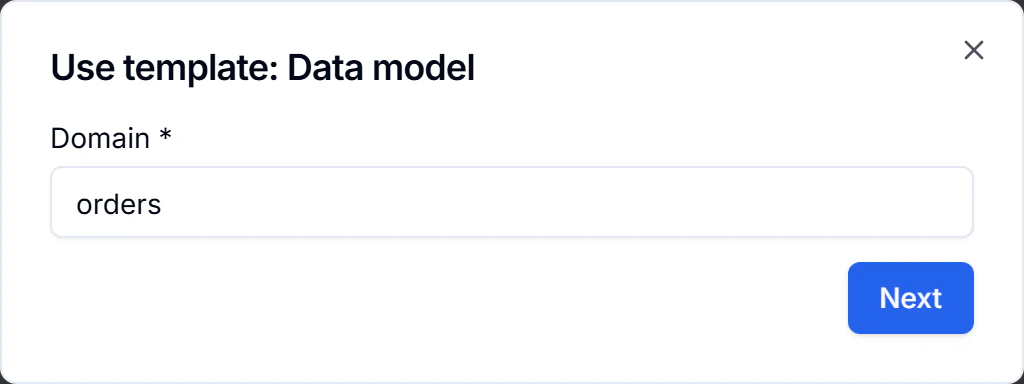 Data model template wizard asking for the required Domain variable before the next step.