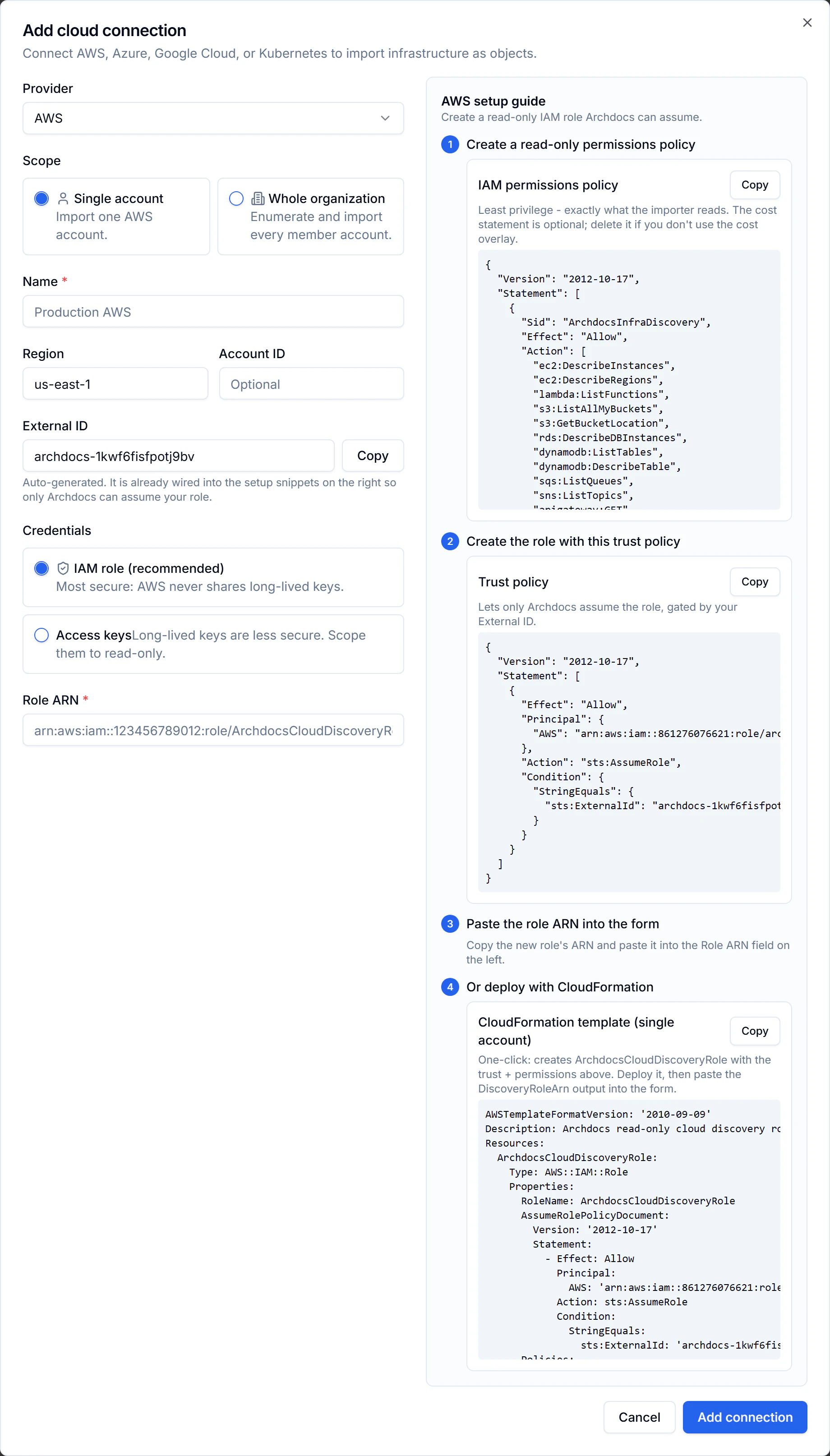 Add cloud connection form with AWS account settings, IAM role credentials and the setup guide.