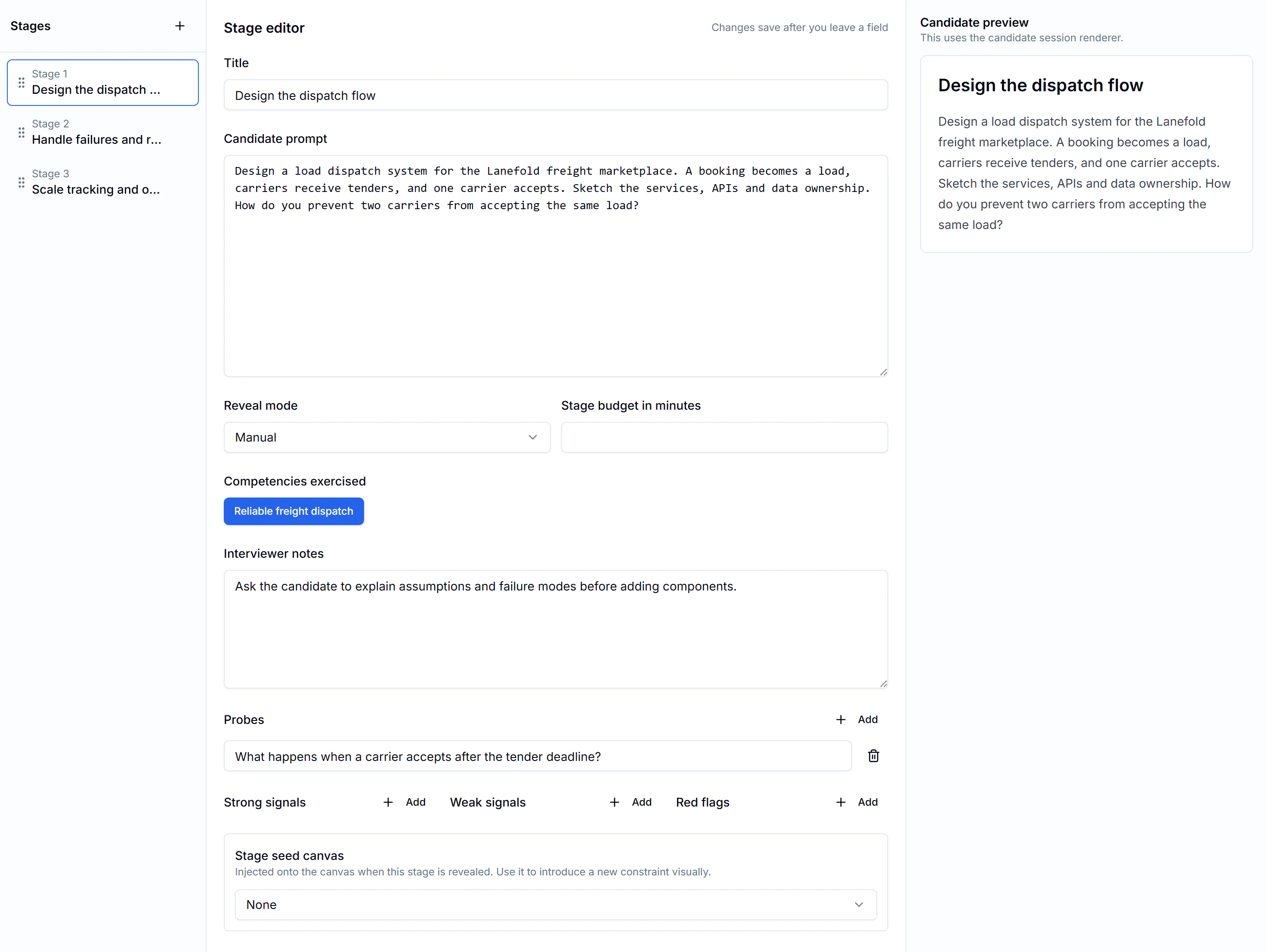 Freight dispatch interview kit with three stages, a selected design prompt and the candidate preview.