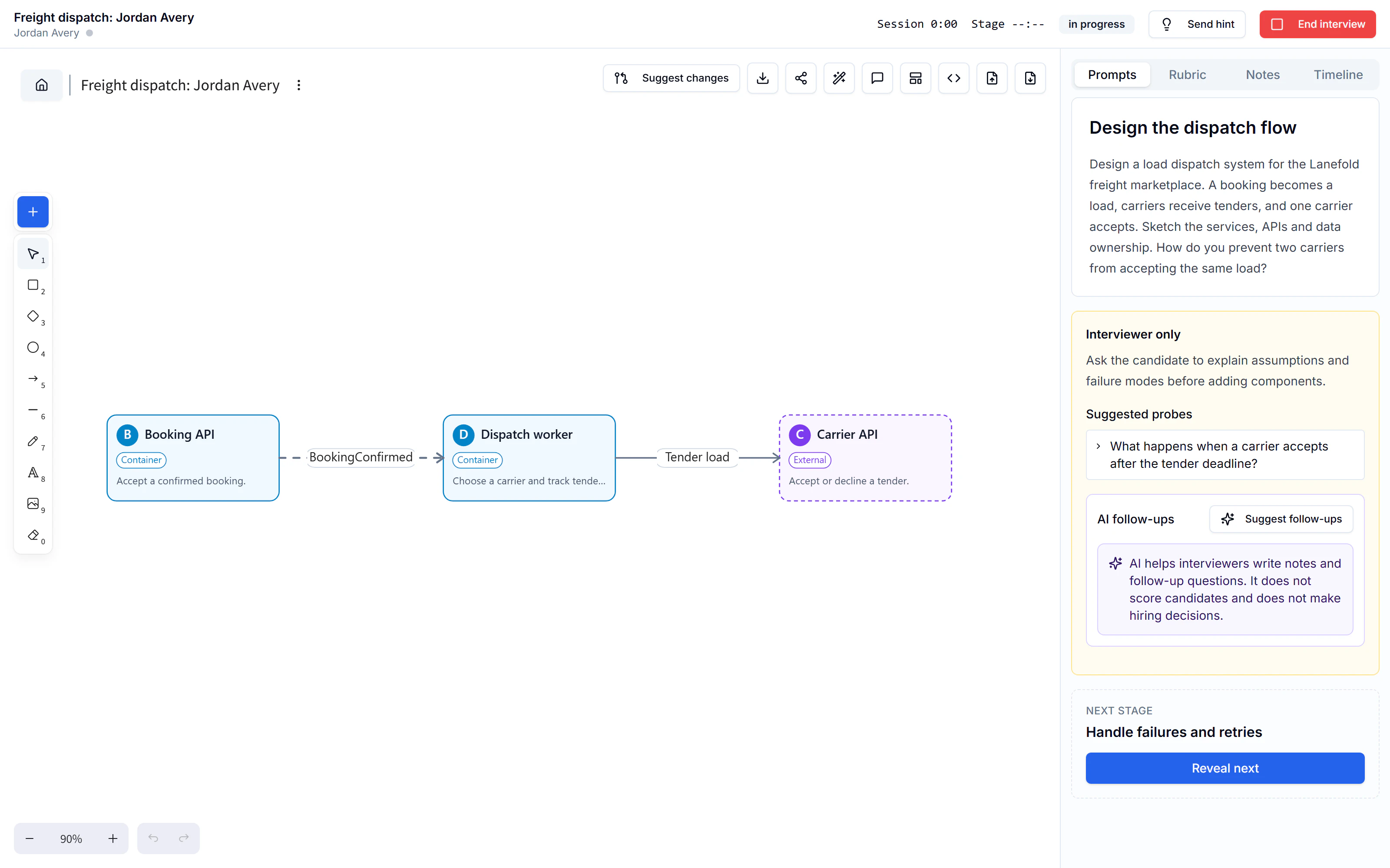 Freight dispatch interview cockpit with the shared design canvas, revealed prompt and interviewer controls.