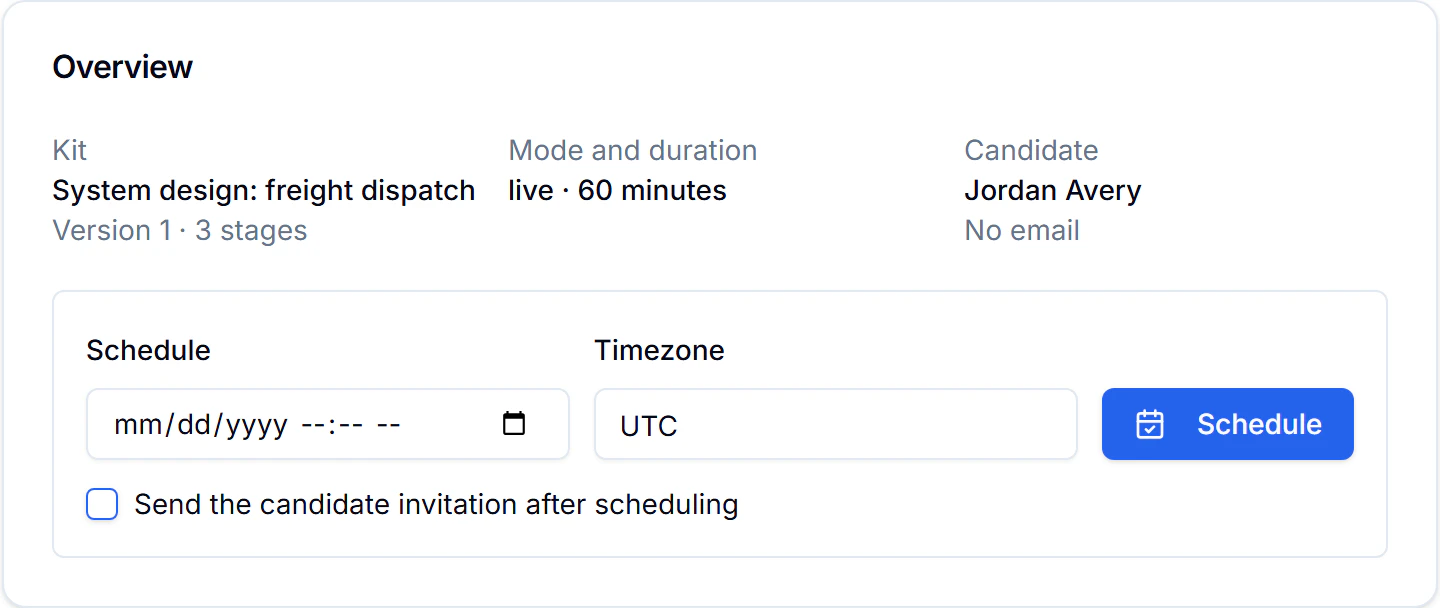 Interview overview with schedule, timezone and candidate invitation controls.
