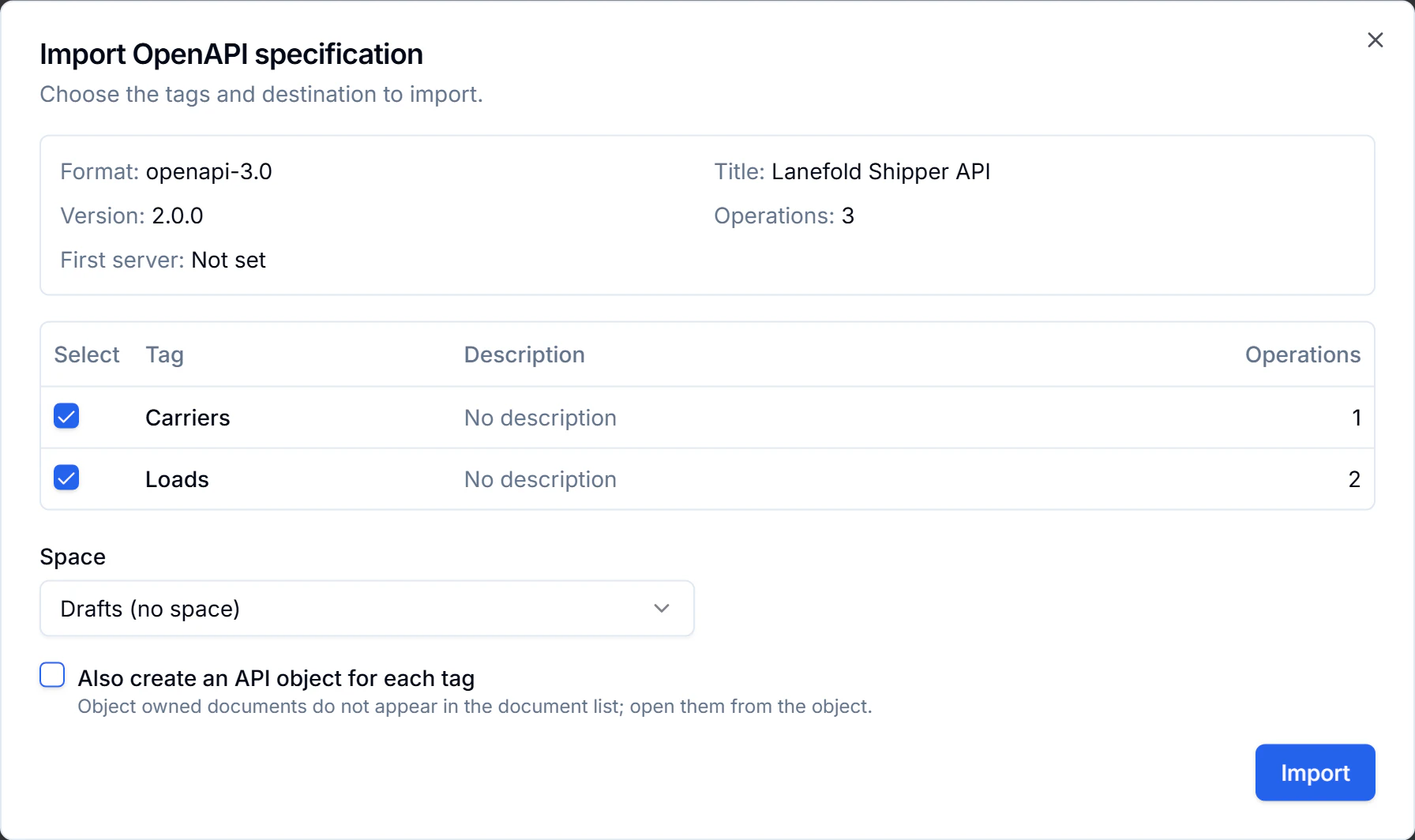Analyzed Lanefold Shipper API specification with Carriers and Loads tags, operation counts and import destination controls.