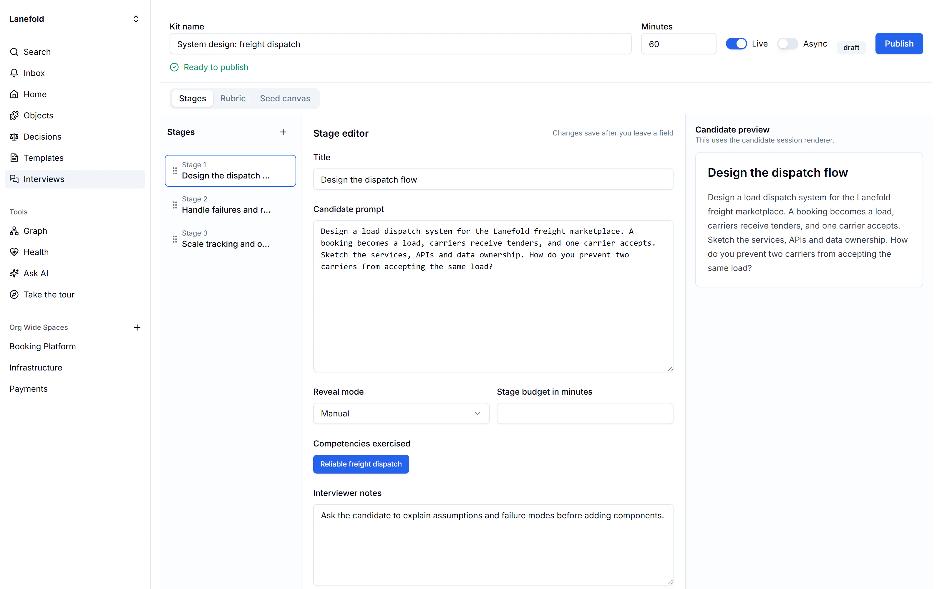 Freight dispatch interview kit editor with three stages, a Design the dispatch flow prompt, candidate preview, stage budget, competencies, and interviewer notes.