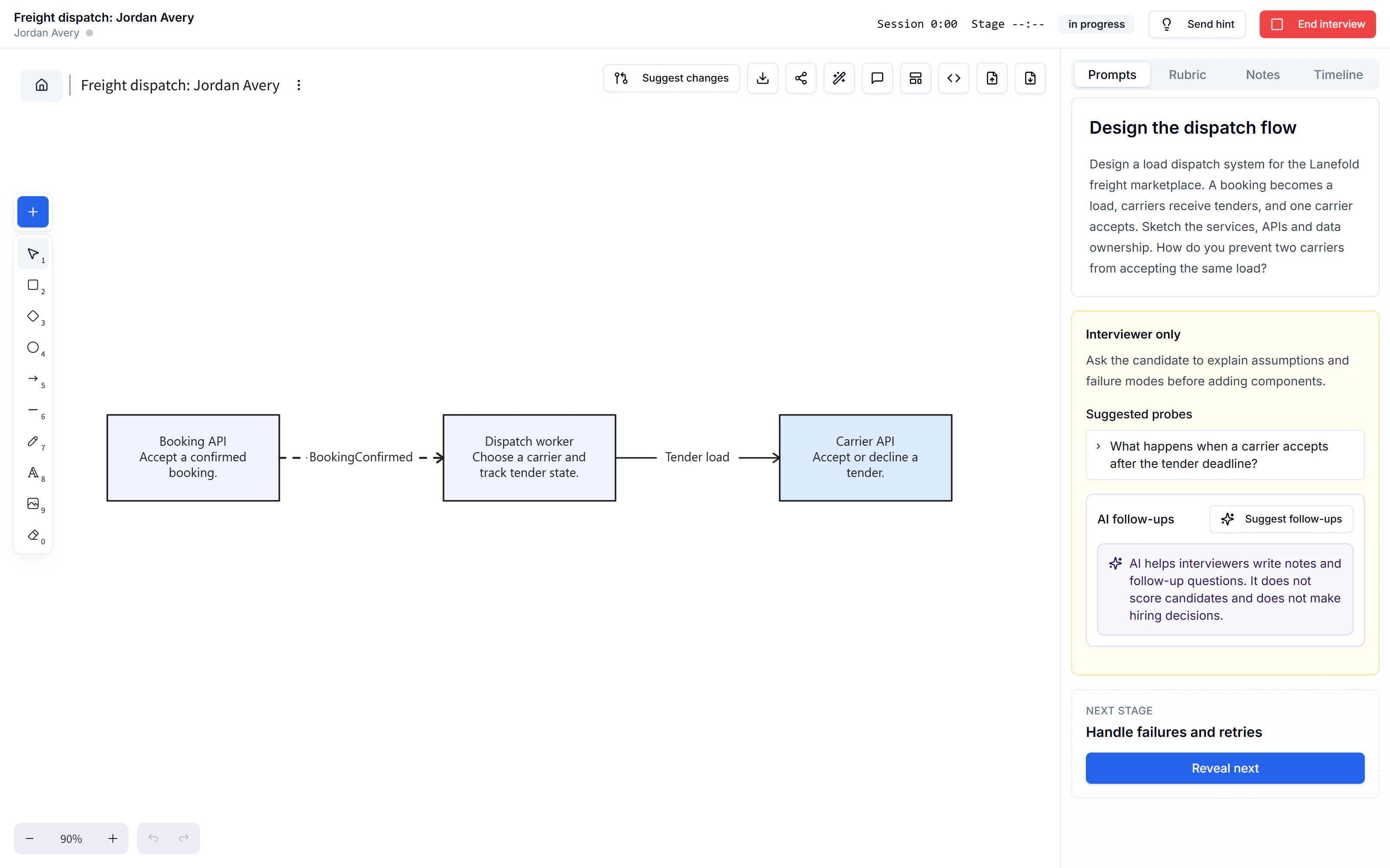 In-progress freight dispatch interview with a Booking API, Dispatch worker, and Carrier API on the shared canvas, a revealed design prompt, interviewer notes, and a Reveal next control.
