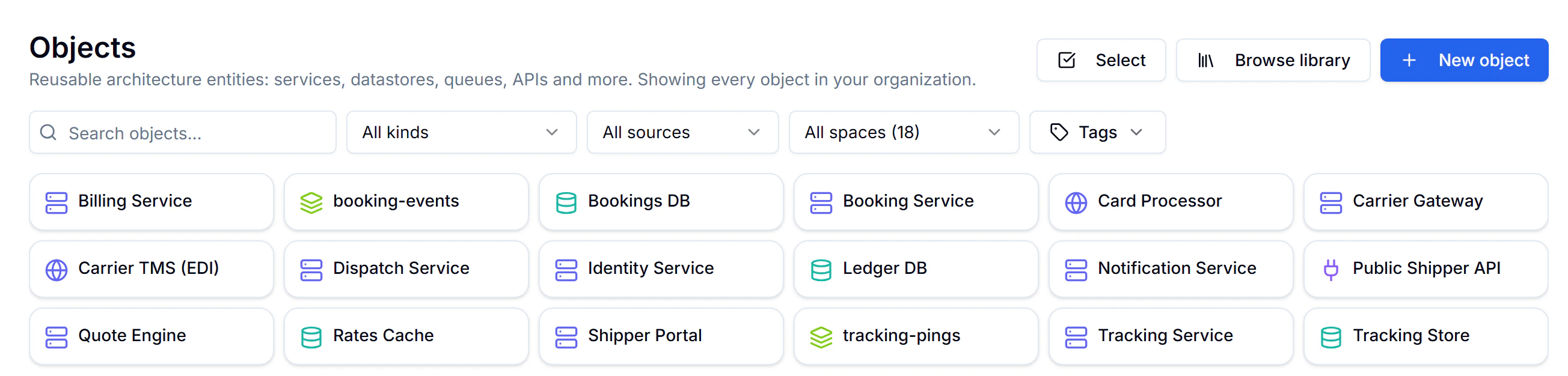 Object catalog with kind, source, space, and tag filters above services, databases, APIs, queues, and external systems.