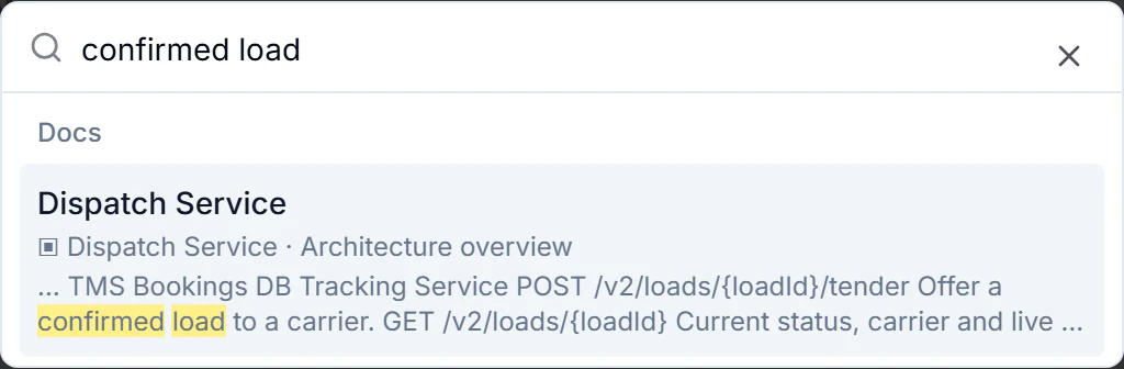 Search for confirmed load returning the Dispatch Service document with matching endpoint description text highlighted.
