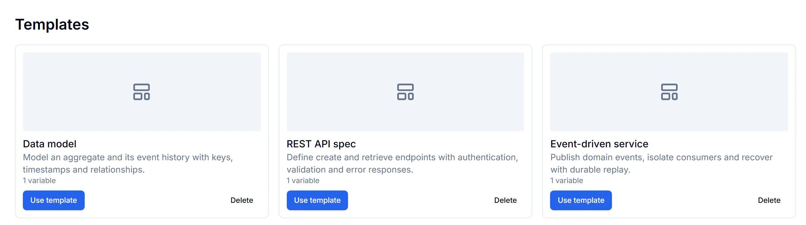 Data model, REST API spec, and Event-driven service template cards with descriptions, one variable each, and Use template controls.